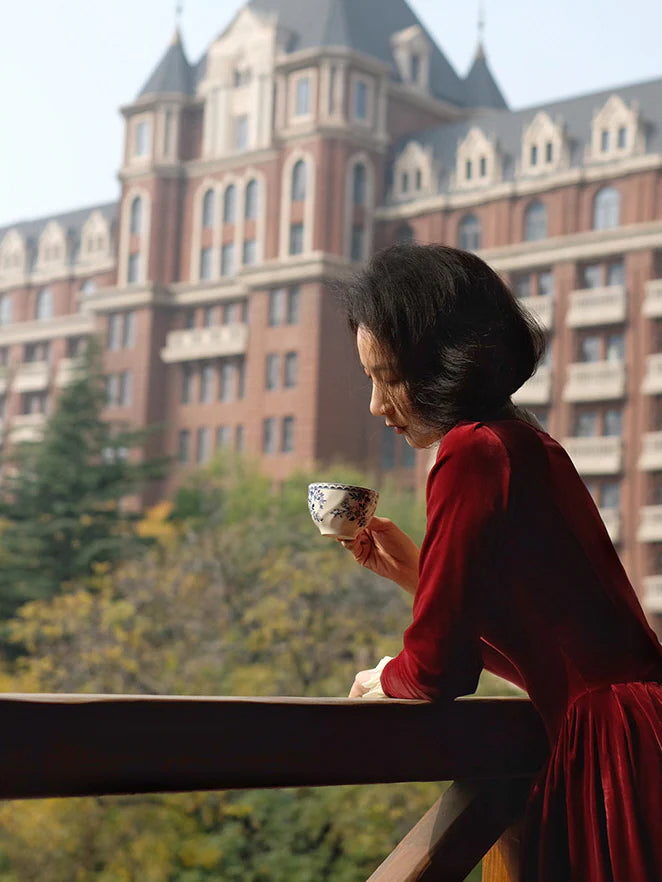 Ruffled Trim Royal Red Velvet Vintage Dress