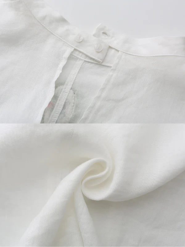 Embroidered Floral Brooch Linen Cotton Blouse