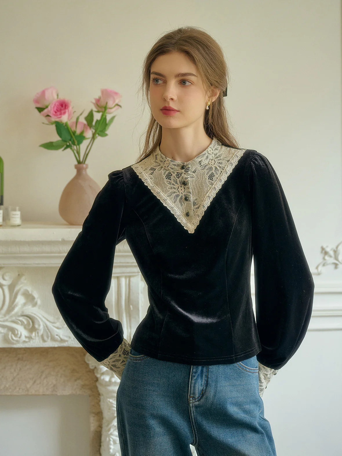 Victorian Lace Trim Black Velvet Blouse