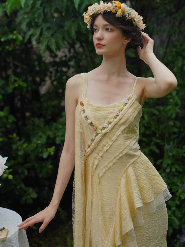 Golden Bloom Petal Drape Dress