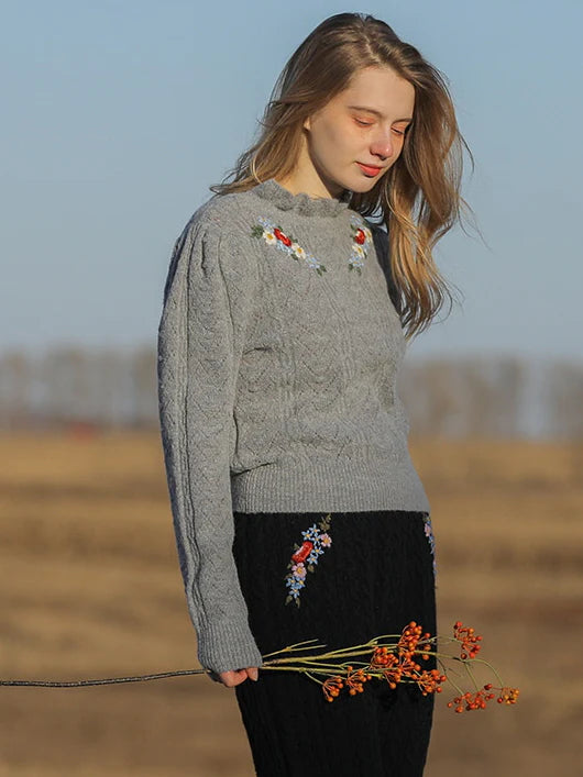 Soft Gray Floral Embroidered Sweater