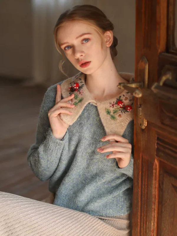 Floral-Collared Alpaca Sweater