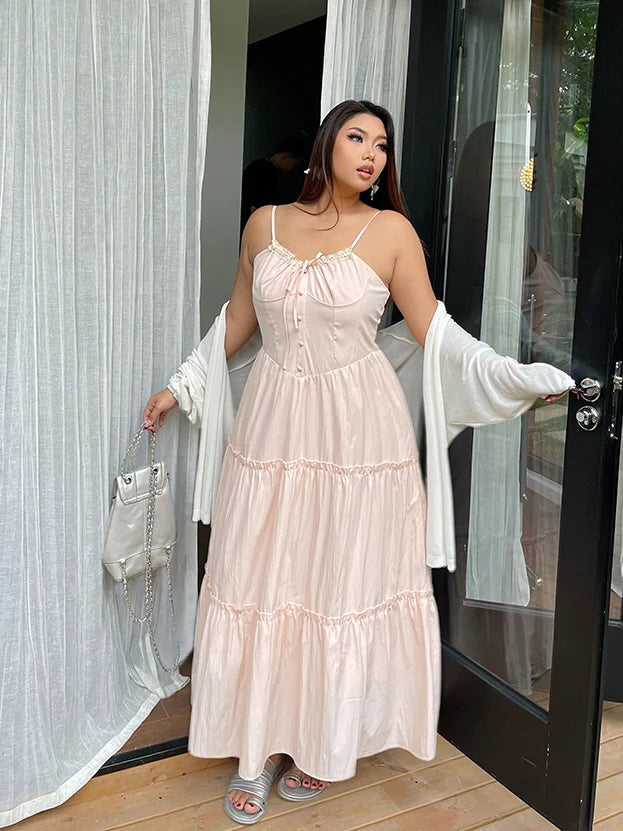 Blush Ribbon-Tie Tiered Dress