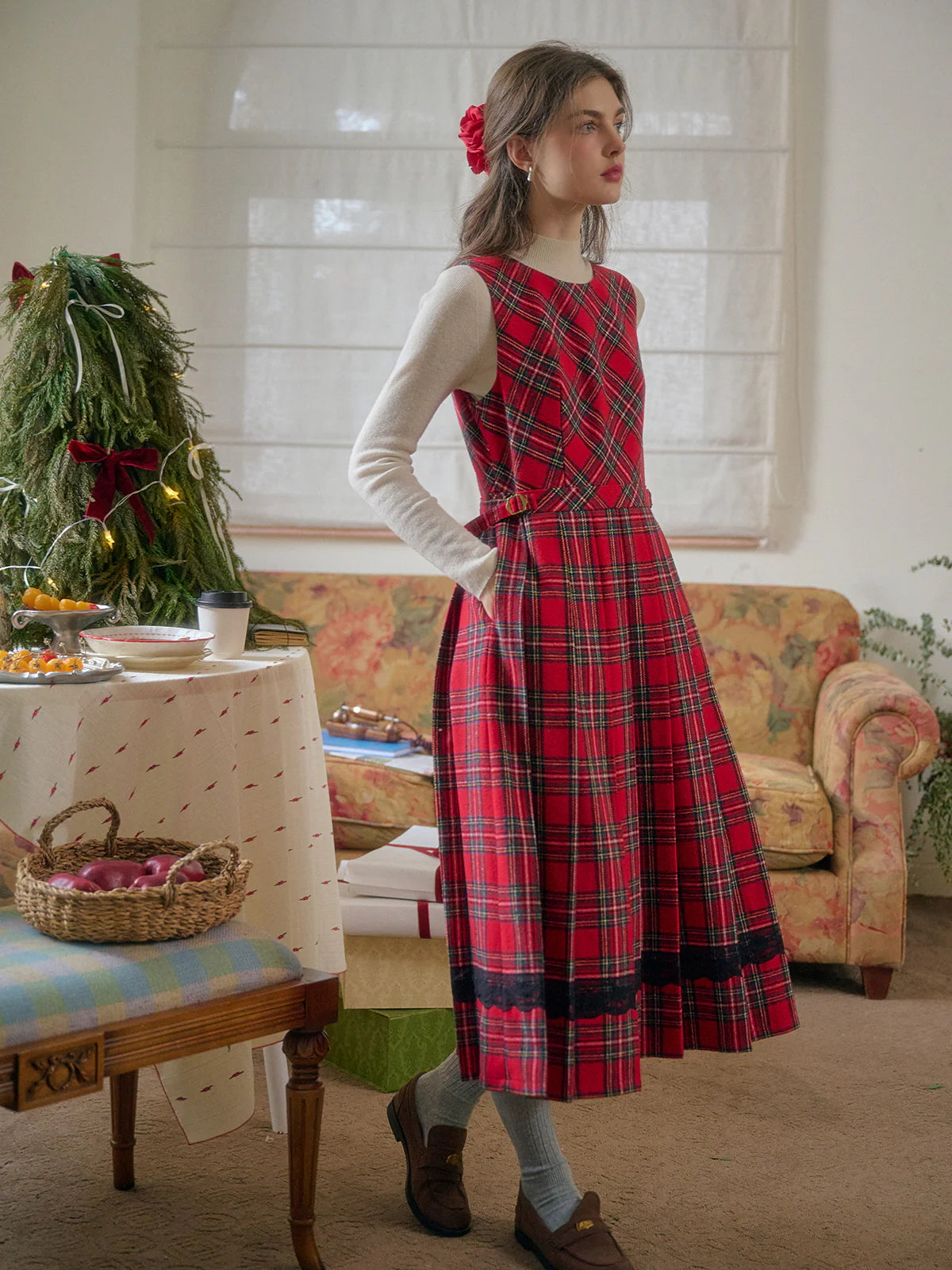 Classic Red Tartan Plaid Sleeveless Dress
