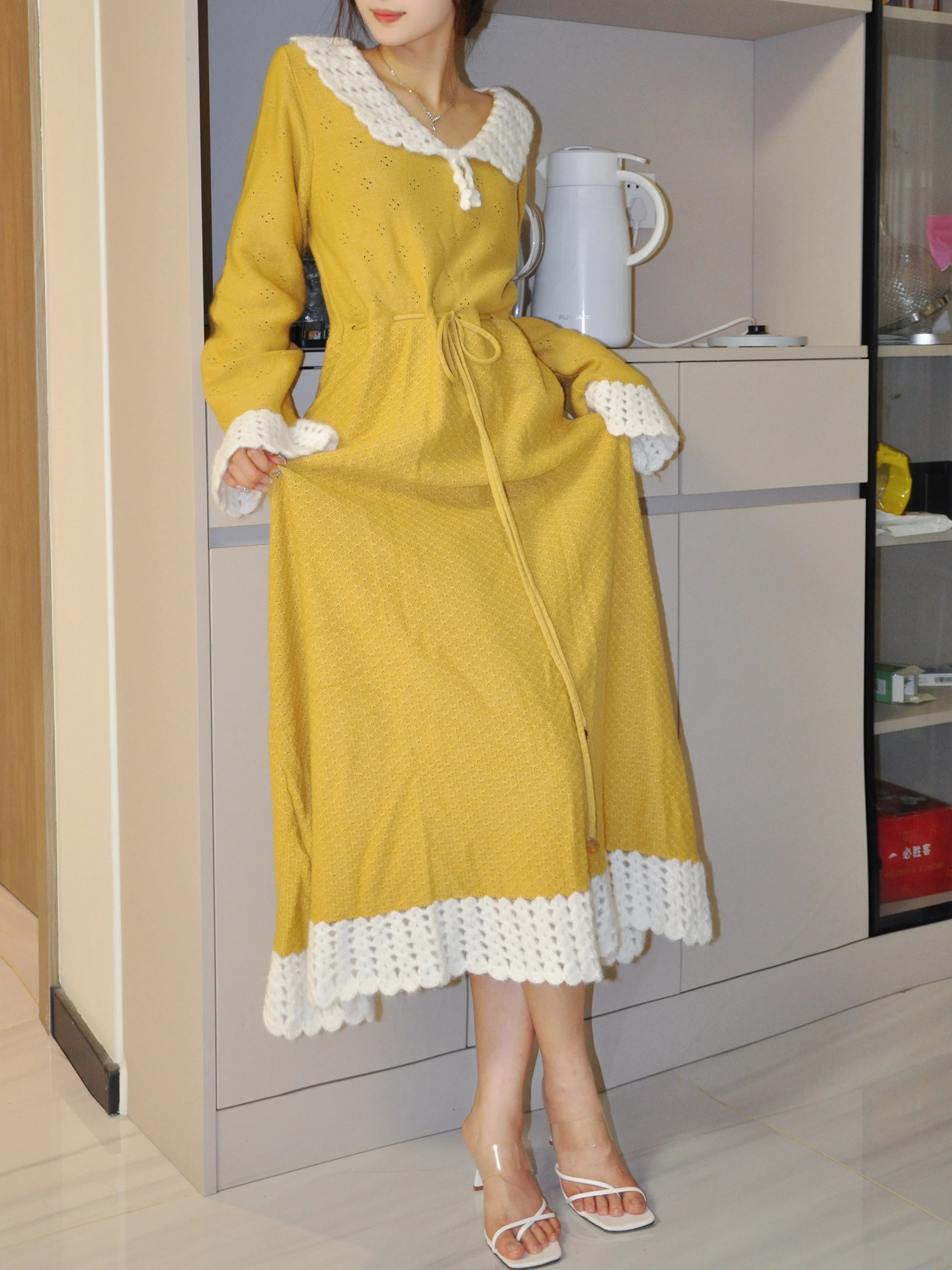 Golden Daydream Crochet Trim Knit Dress