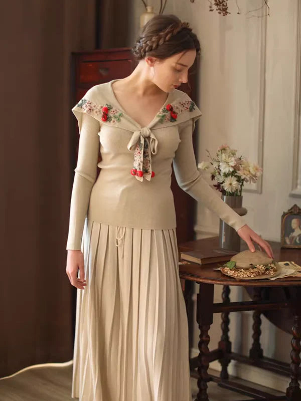 Retro Soft Knit with Floral Embroidery