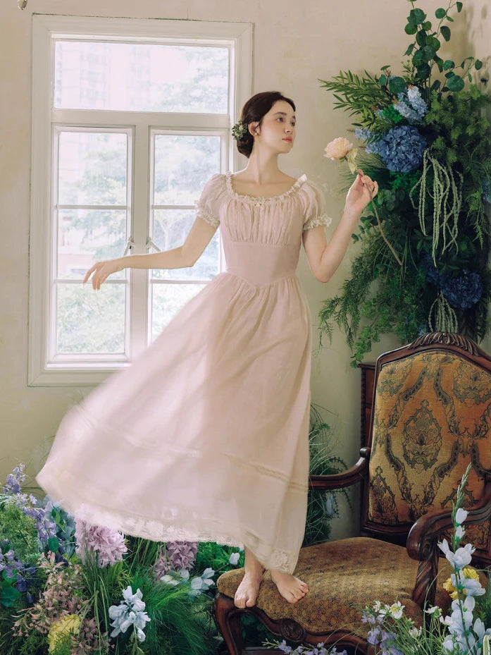 Blush Pearl‑Detail Lace Trim Dress