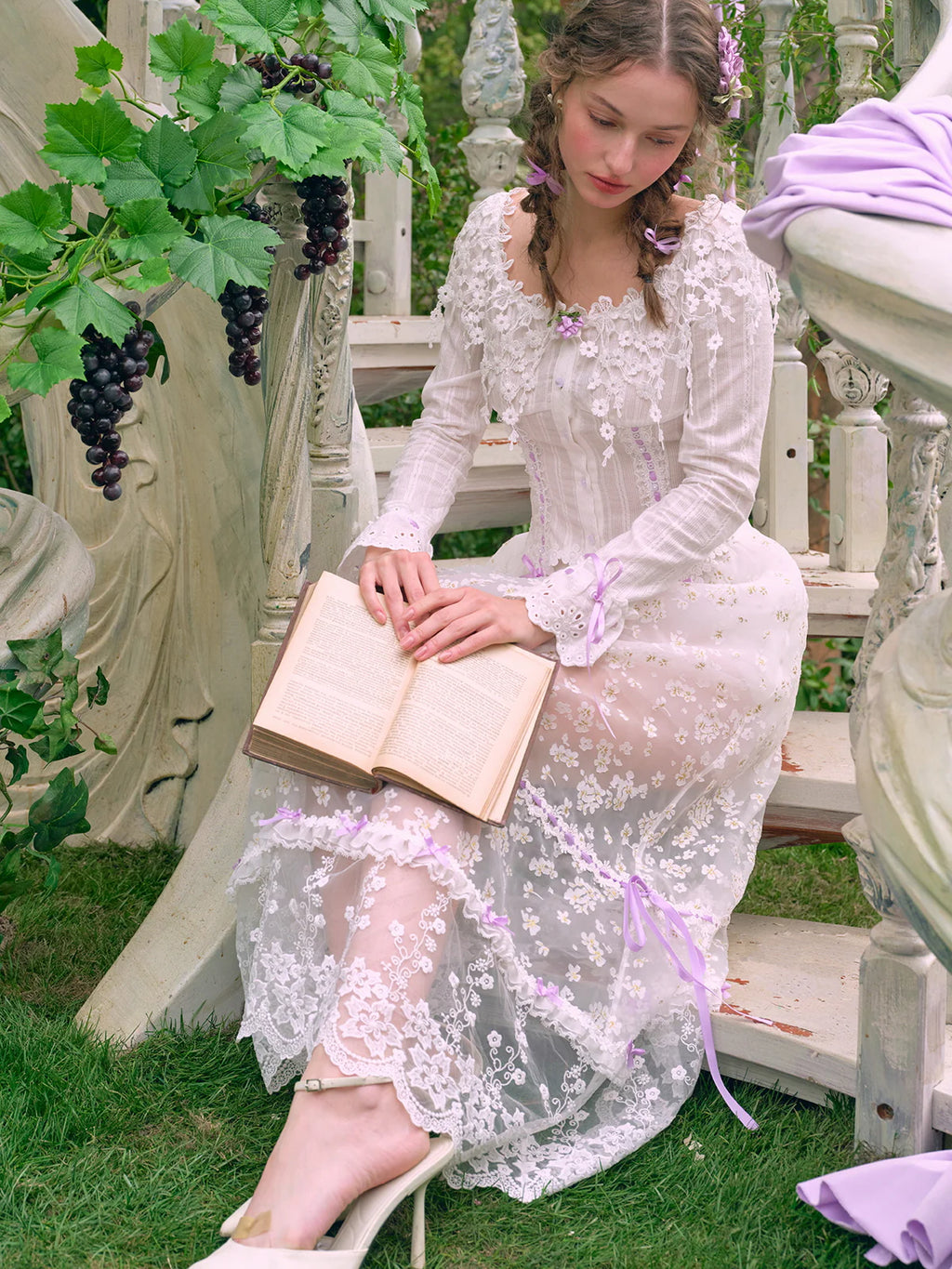 Lilac Ribbon Embroidered Lace Blouse