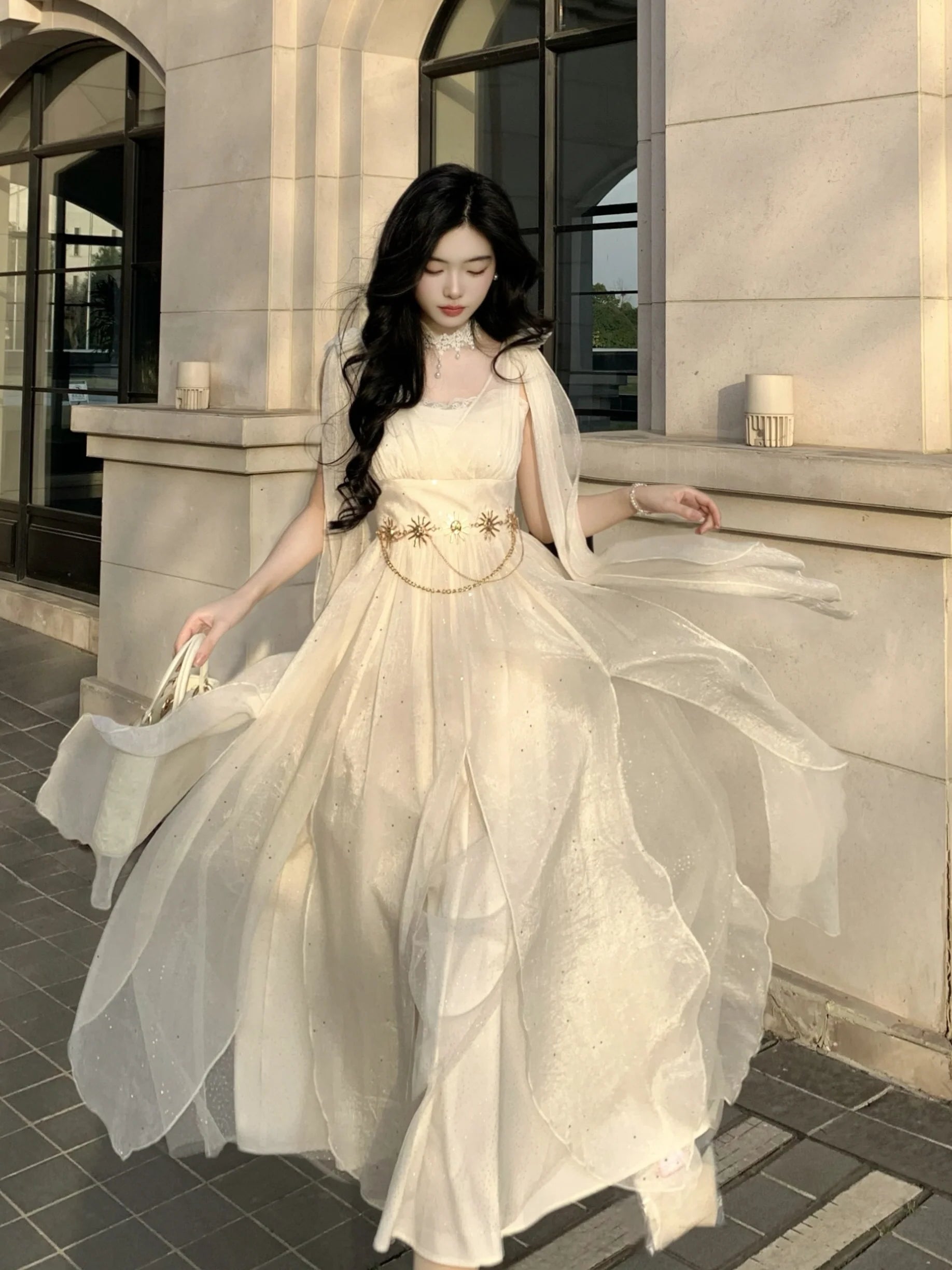 Ethereal Goddess Shimmering Silver Mesh Gown