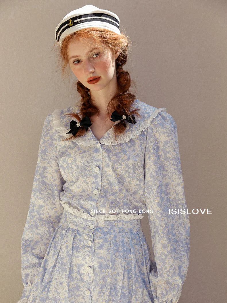 Vintage Blue Floral Lace Trim Blouse