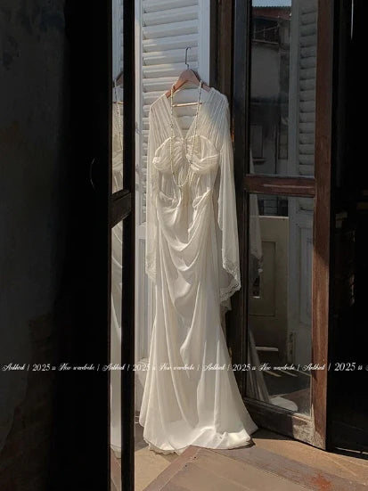 Ethereal White Lace Drape Corset Gown