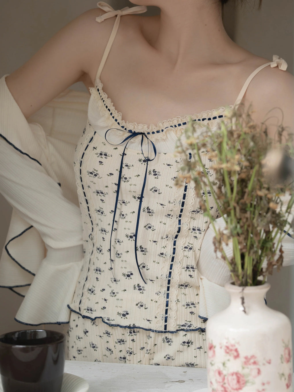 Navy Ribbon Floral Loungewear Set