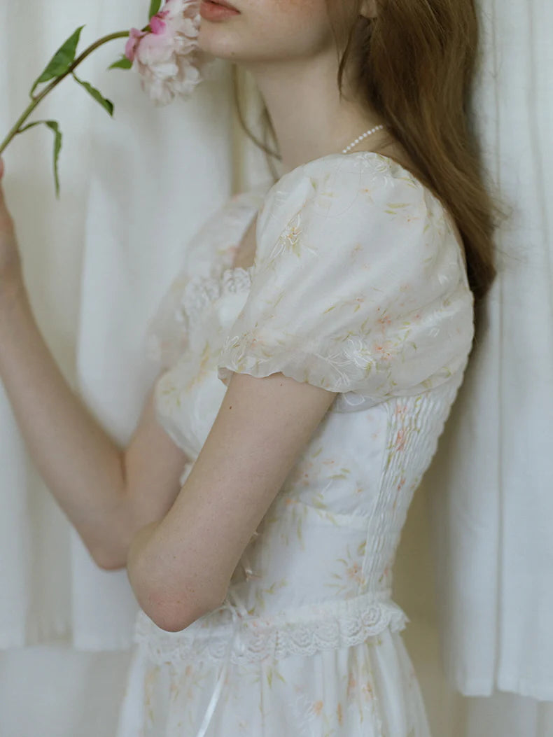 White Floral Corset Waist Dress
