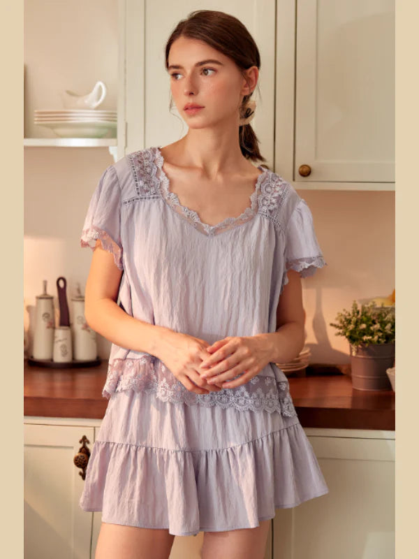 Lavender Lace Trim Two-Piece Loungewear Set