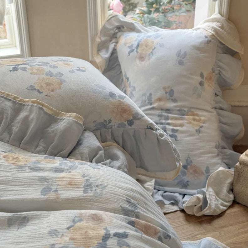 Dusty Blue Rose Print Ruffle Bedding Set