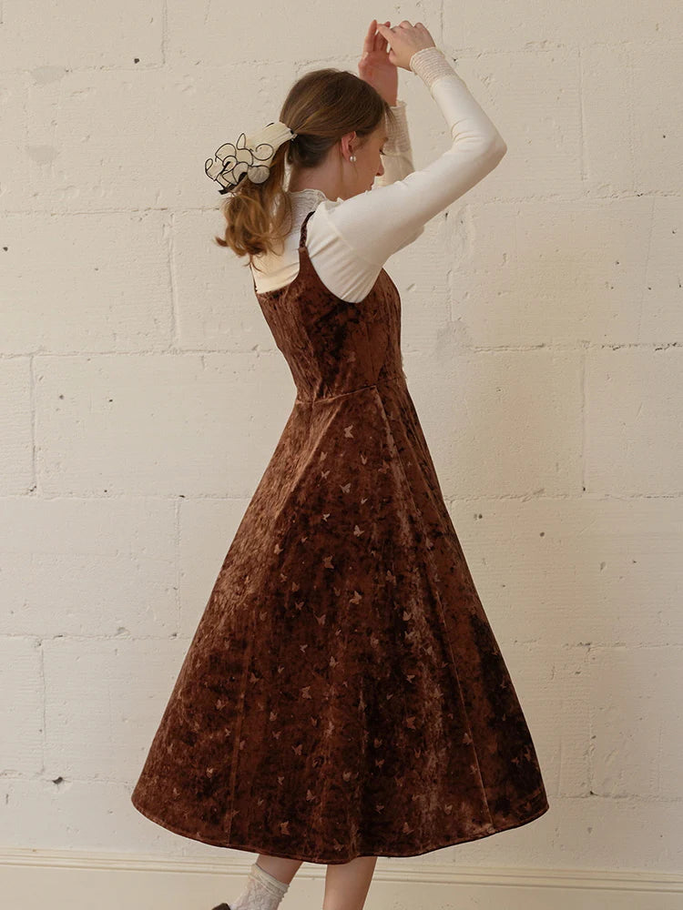 Butterfly Embossed Velvet Pinafore Dress