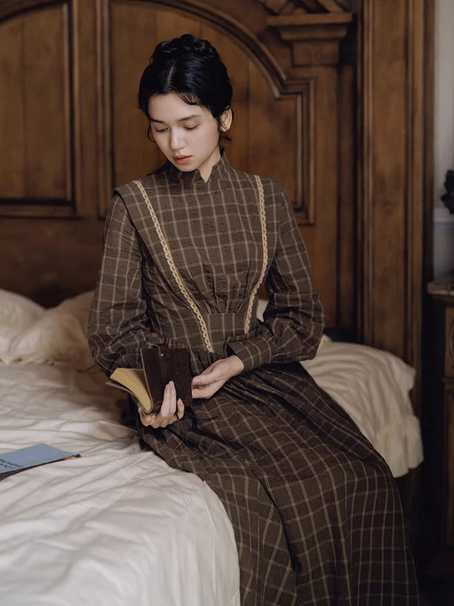 Victorian Plaid High-Neck Lace Trim Dress