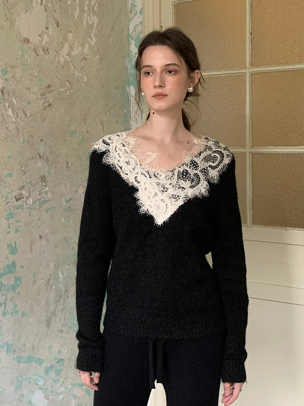 Lace Trim Cozy Wool Blend Sweater
