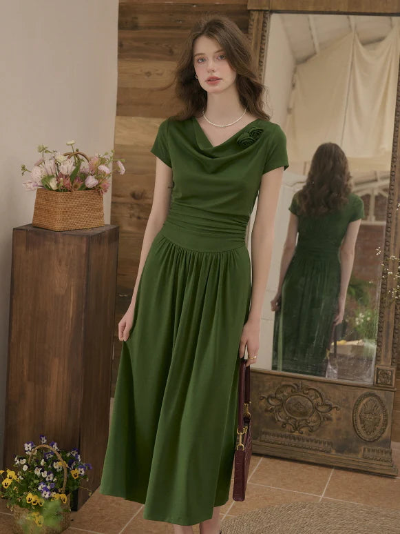 Emerald Whisper Draped Neckline Dress