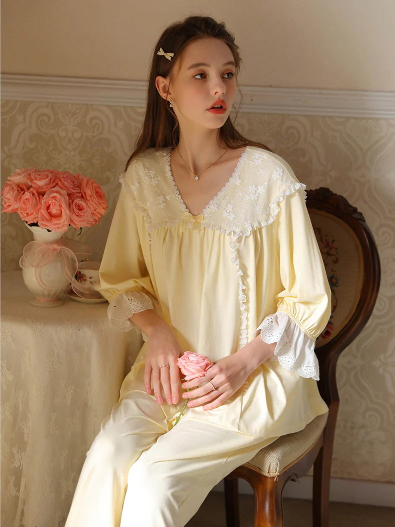 Floral Lace Trim Cotton Pajama Set