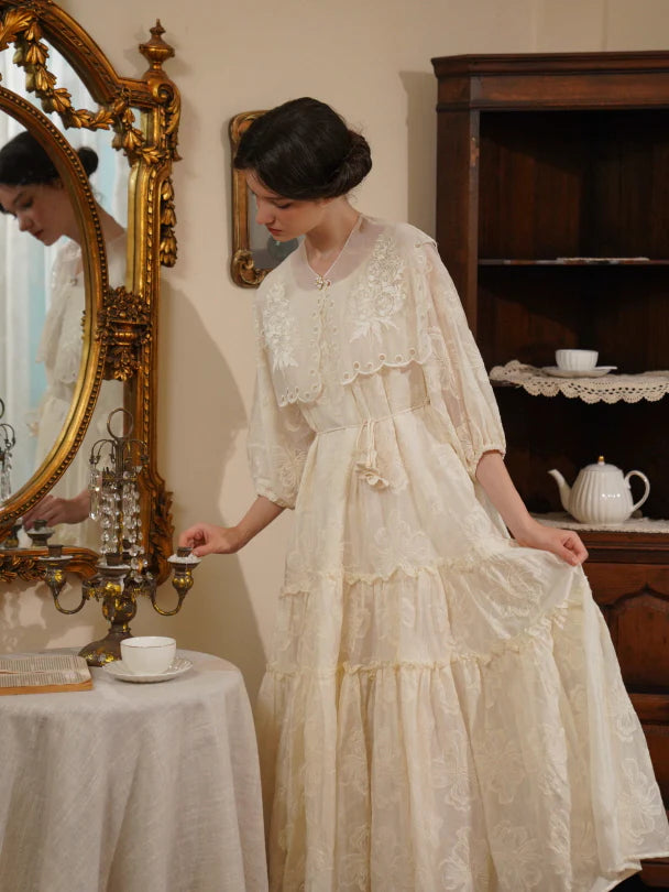 Embroidered Shawl Collar Tiered Dress