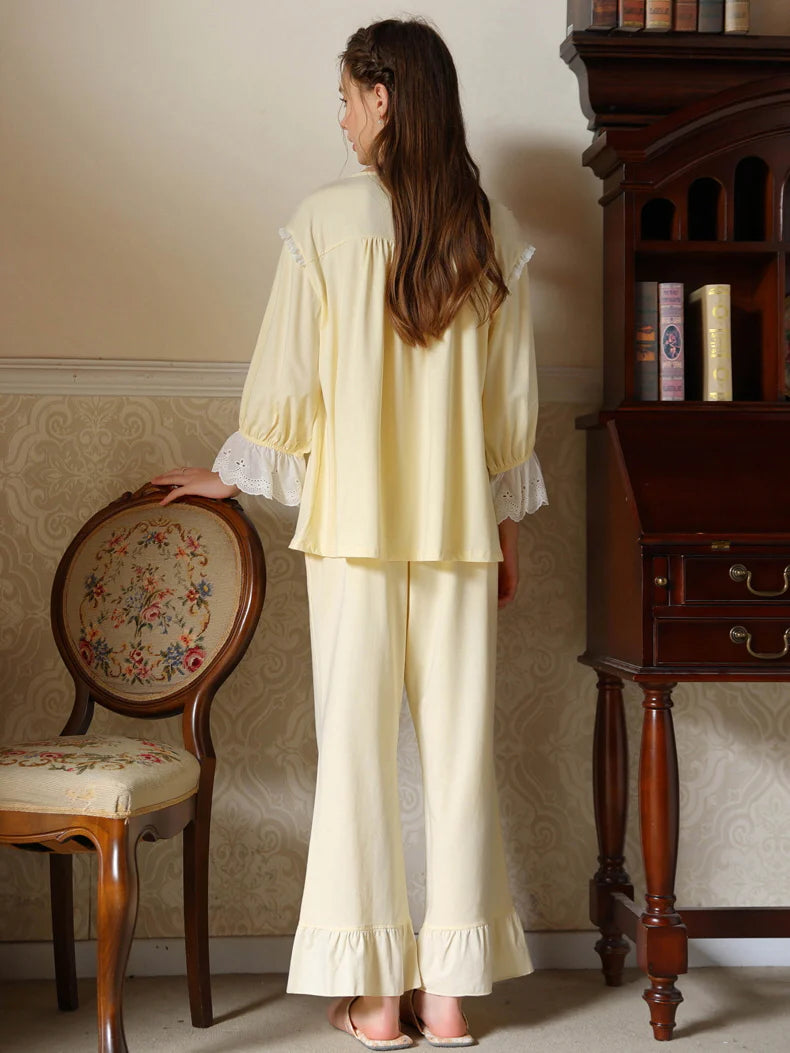 Floral Lace Trim Cotton Pajama Set