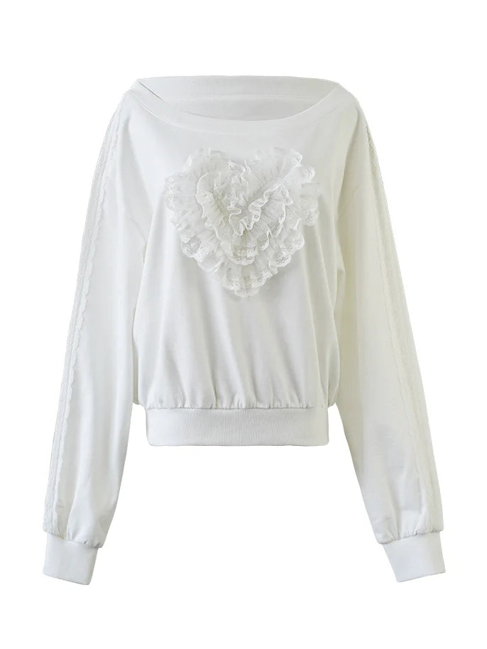 Coquette Lace Heart Off-Shoulder Sweatshirt