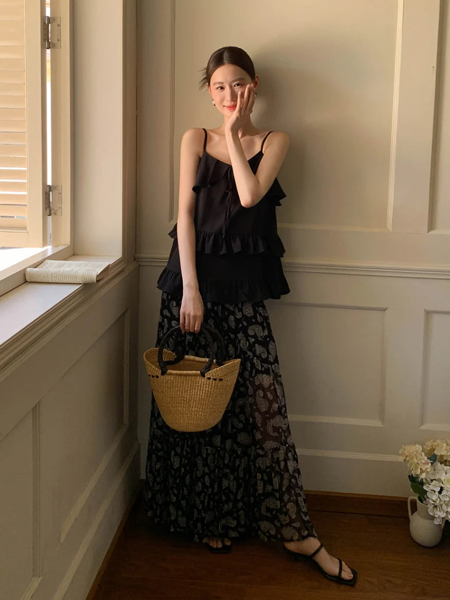 Black Ruffle Camisole & Paisley Maxi Skirt