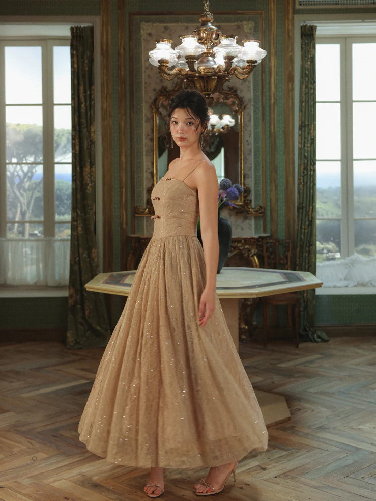 Champagne Lace Bow Evening Dress