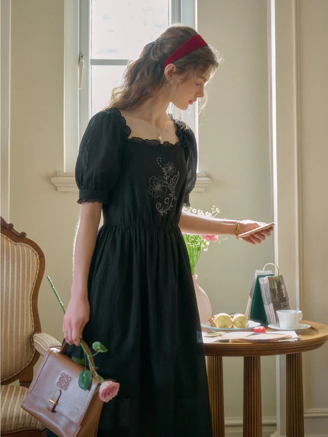 Noir Rose Embroidered Vintage Black Dress