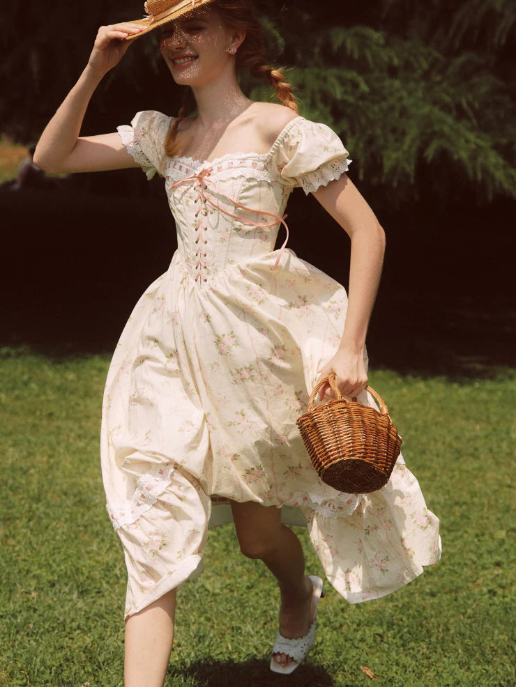 Vintage Rose Garden Lace-Up Off-Shoulder Dress