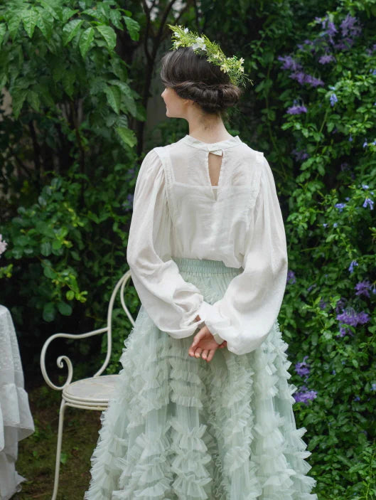 Embroidered Floral Brooch Linen Cotton Blouse