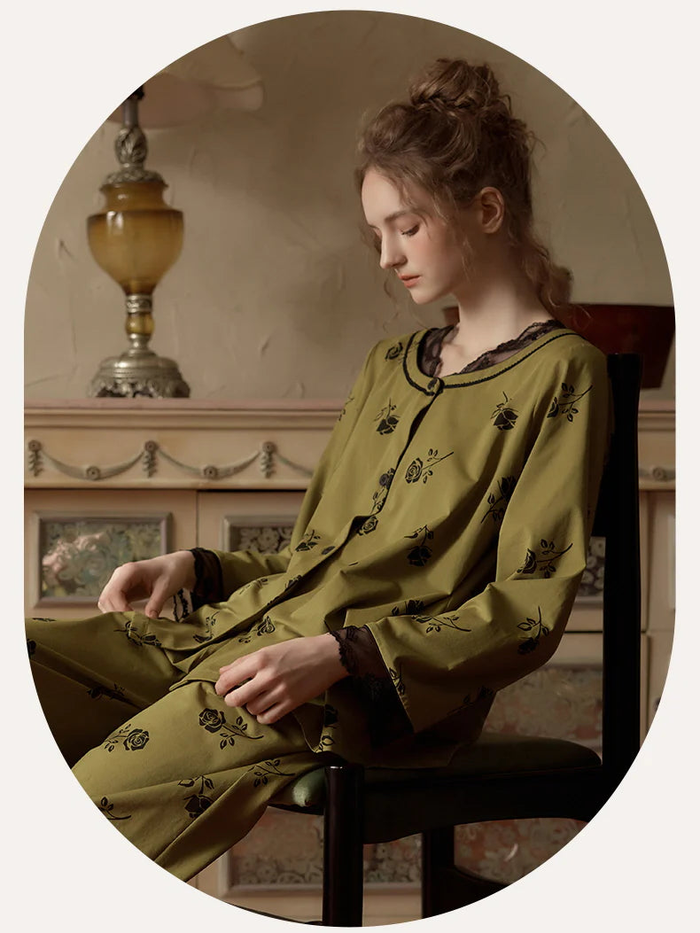 Vintage Rose Lace Trim Pajama Set