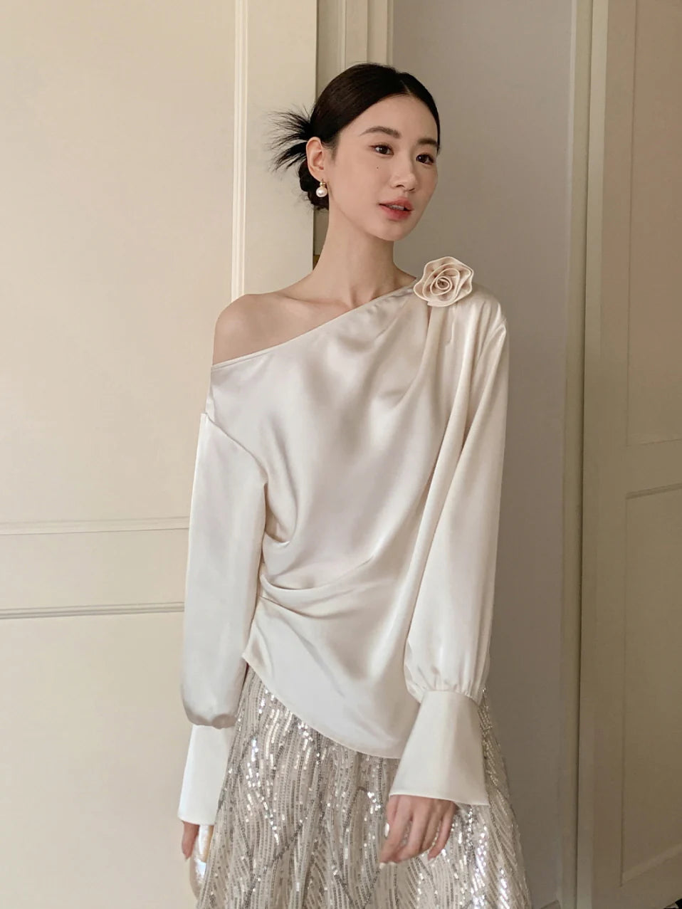 Off-Shoulder Flower Accent Blouse