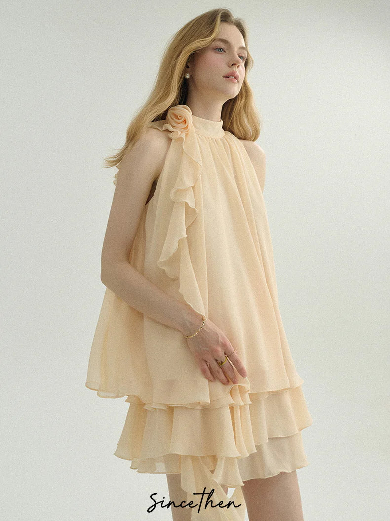 Ethereal Cream Ruffle Rose Halter Top