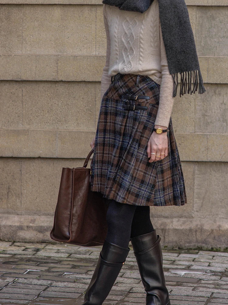 Vintage Wool Plaid Buckle Blue Checkered Skirt