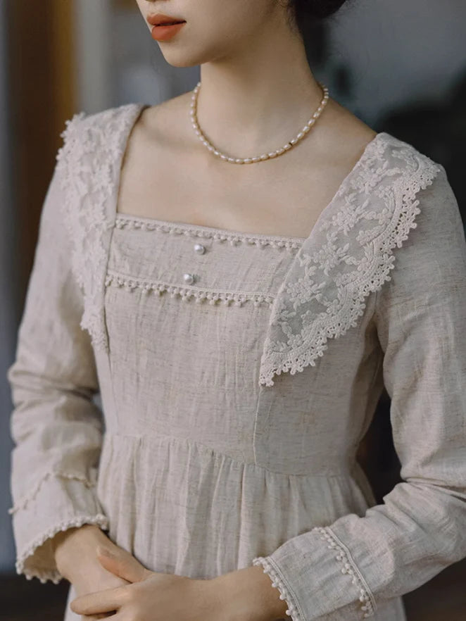 Cottagecore Lace Trim Linen Dress