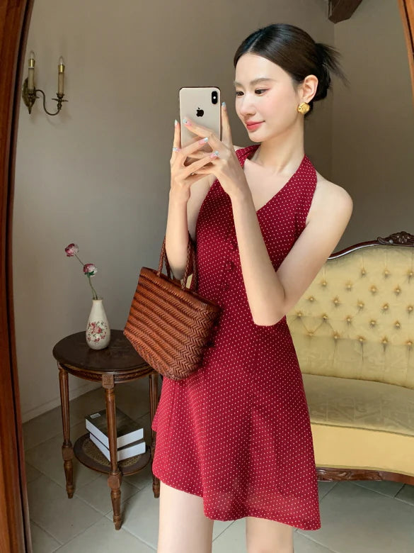 Cherry Ribbon Polka Dot Halter Dress