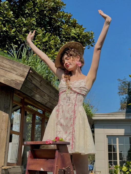 Coquette Blush Floral Lace Bow Dress