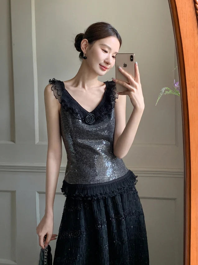 Midnight Rose Sequin Top & Glitter Mesh Skirt