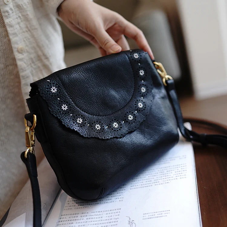 Petite Scalloped Flap Genuine Leather Crossbody Bag