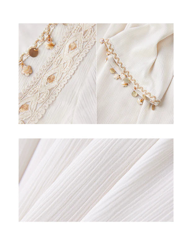 Golden Ethereal Lace-Up Flare Sleeve Chiffon Dress