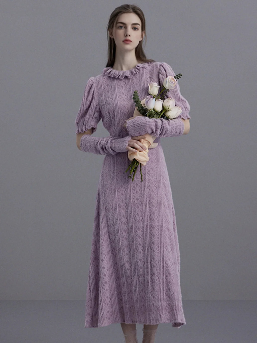 Elegant Puff-Sleeve Knit Dress