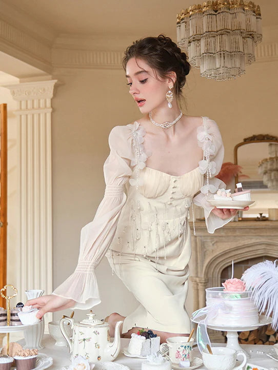 Whimsical Elegance Beaded Ivory Dress