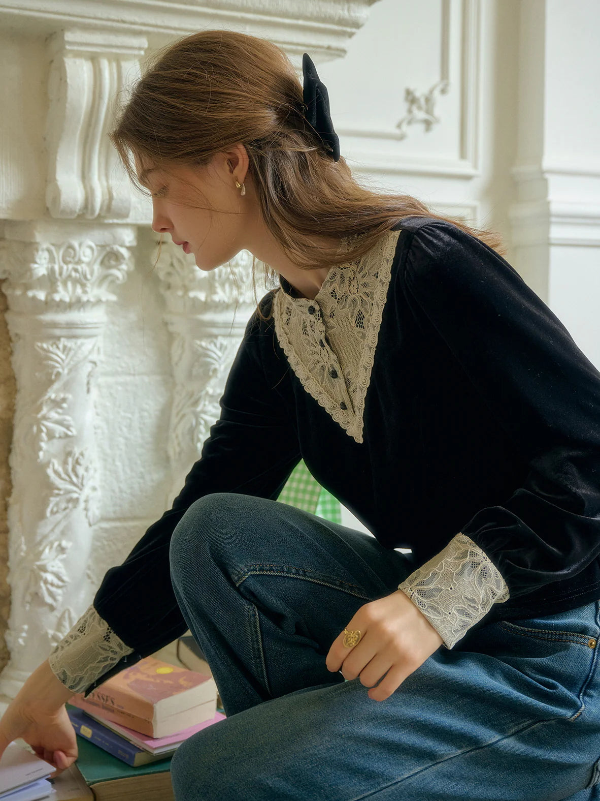 Victorian Lace Trim Black Velvet Blouse