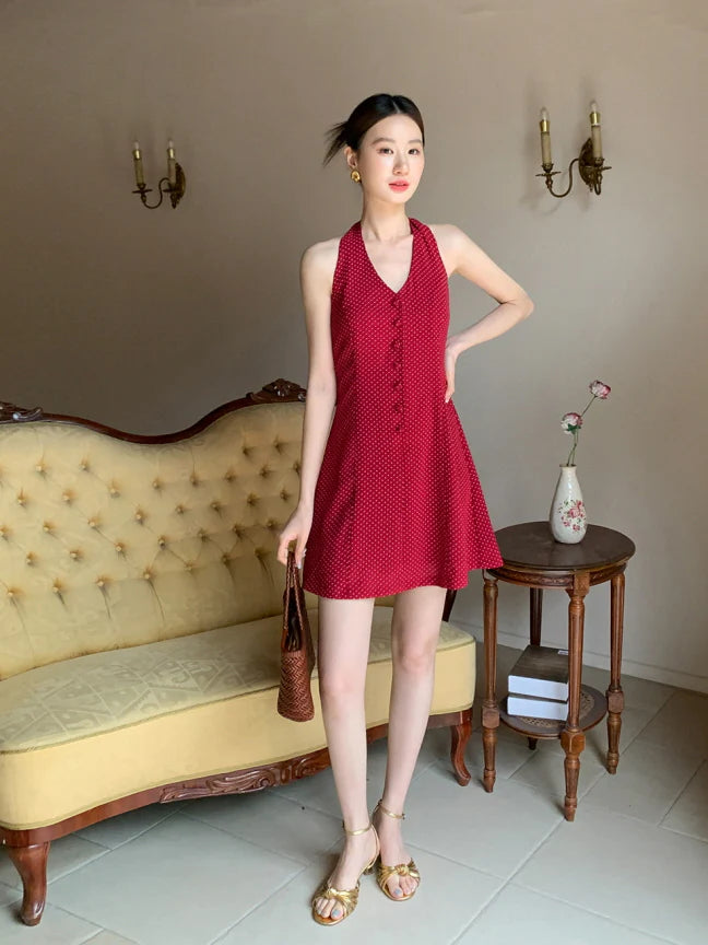 Cherry Ribbon Polka Dot Halter Dress