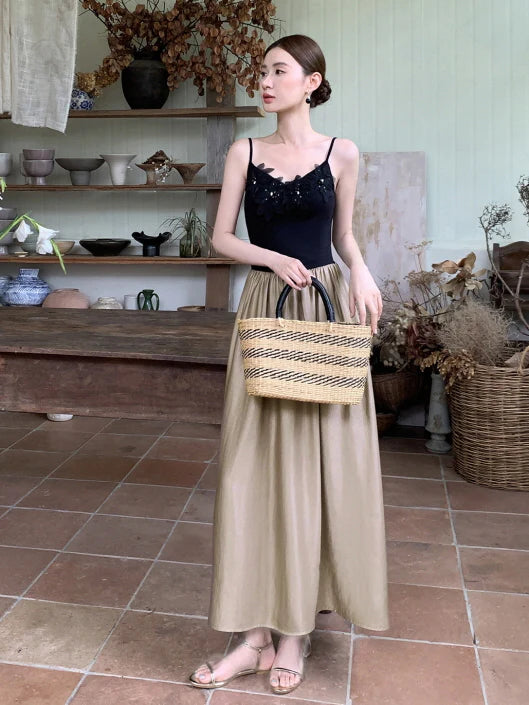 Black Blossom Bodice Two-Tone Dress