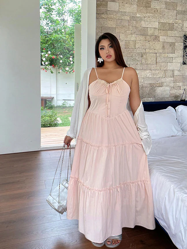 Blush Ribbon-Tie Tiered Dress