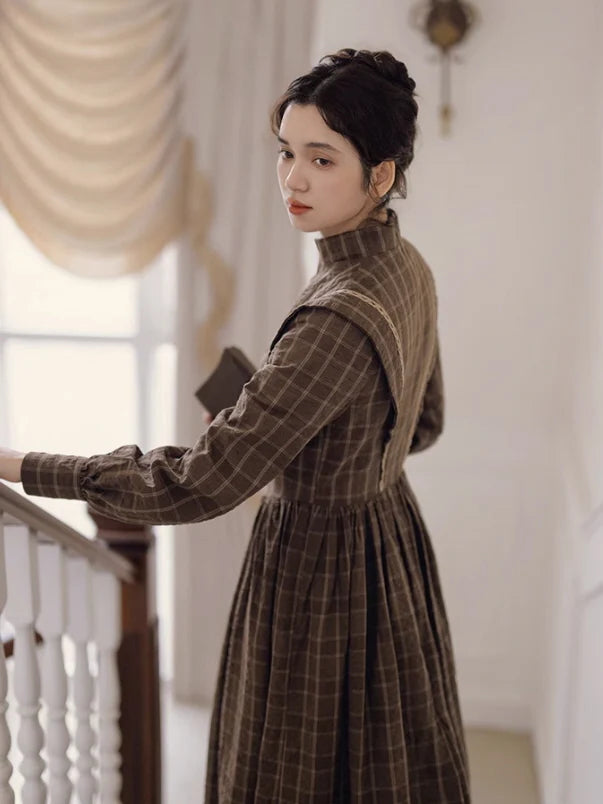Victorian Plaid High-Neck Lace Trim Dress