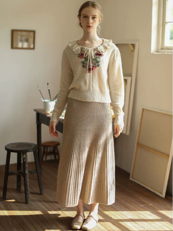 Frilled Collar Floral Embroidered Sweater